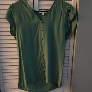 Green V-Neck Button-Up Women's Top